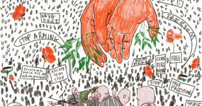 Stop harming innocent people A pair of large hands holding olive branches coming down in a crowded hall with Big Tech and Arms Industries personnel in the front and the common masses all around, resisting with Palestinian flags, and sharp words to stop killing and maiming.