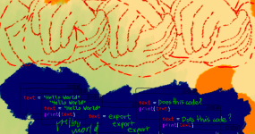 Hello world Three pairs of hands clasping each other, seemingly stitched on a cloth. Below is text being put into code: "Hello world" and "Does this code?" with chaotic running text behind this.