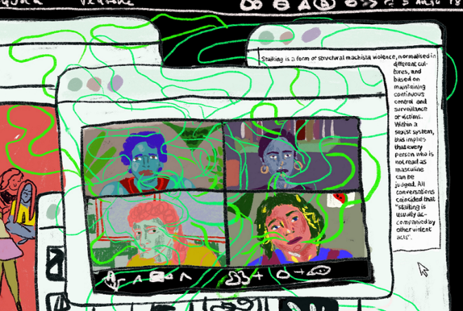 Cyberharcèlement en ligne  Artist: Laura Ibáñez López Dessin représentant quatre carrés sur un écran, comme une réunion en ligne, avec quatre femmes différentes parlant, en arrière-plan, vous voyez un texte faisant référence au harcèlement en ligne. Artist: Laura Ibáñez López