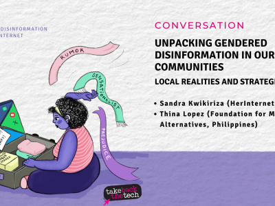 Unpacking gendered disinformation in our communities: local realities and strategies An invitation to participate in the Conversation: Unpacking gendered disinformation in our communities: local realities and strategies. The image features a women unpacking a suitcase full of disinformation tactics. She is sitting on the floor cross-legged and uses a hearing device. She is pulling streamers with the words "rumor" "sensationalism" "prejudice" out of a suitcase in front of the floor. The suitcase encourages her to verify information that is upsetting or provokes anger.