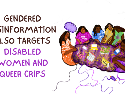 Gendered Disinformation. Artist: Imaan Jufeer A group of diverse women knitting and embroidering a shared rug with a spool of thread on the side, and other loose threads. There are books and digital devices on the rug. One of the books says 'Solidarity'. Text on the side: Gendered Disinformation also targets disabled women and queer crips.
