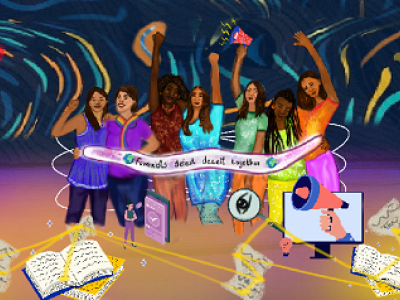 #DefeatDeceit against gendered disinformation. Artist Imaan Jufeer A group of diverse women in the center are surrounded by interconnected ways of publishing information and connection, like books, computers and phones. There are a couple of red flags on the sides, and the banner in the middle says: Feminists defeat deceit together.