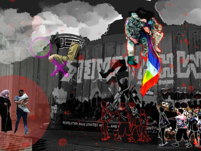 Pinkwash by Ward Zaraa A dark background with smoke from bombings on the top. In the left hand corner below, a woman with a headscarf and a man holding a bundled baby are spotlighted, in the right hand corner outlines of youth and children walking with the energy of resistance in their step. A wall in the background delineates boundary and being closed in. A soldier, a person under attack, a flag, are another part of this collage of images entitled "pinkwash", which also has a pink women's symbol to the left and above.