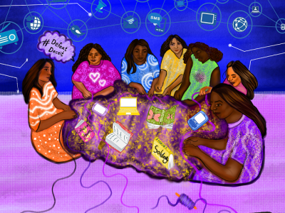 DefeatDeceit. Women weaving alternate realities. Illustration by Imaan. A group of diverse women knitting and embroidering a shared golden rug with a spool of thread on the side, and other loose threads. There are books and digital devices on the rug. Two of the books say 'Solidarity' and 'Collective Feminism'. The background has many icons on a blue sky signifying different communication tools, such as telephones, Instant Messaging, internet, television, cellphones, laptops, etc.